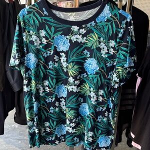Old Navy Black Floral Short Sleeve Tee with Blue and Green Print
